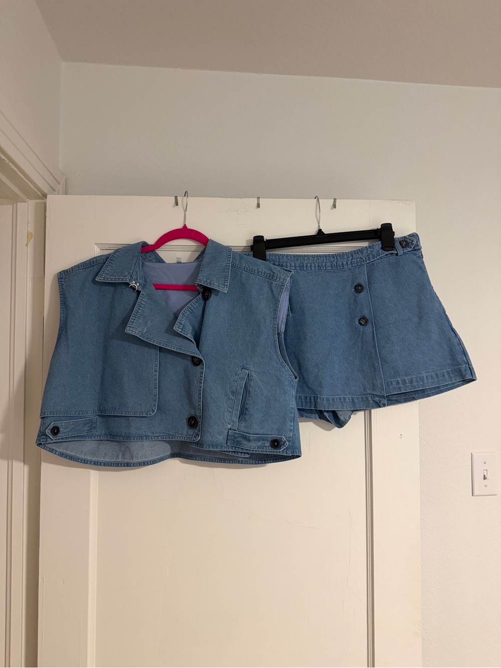 TCEC Light Blue Denim Cropped Vest and Button Front Skort Set